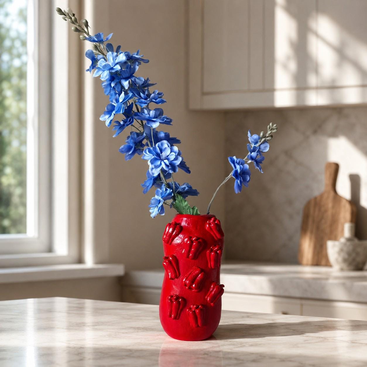 Vase mit roten Chilischoten – Handgemachte Skulptur aus lufthärtendem Ton mit geformten Chilischoten