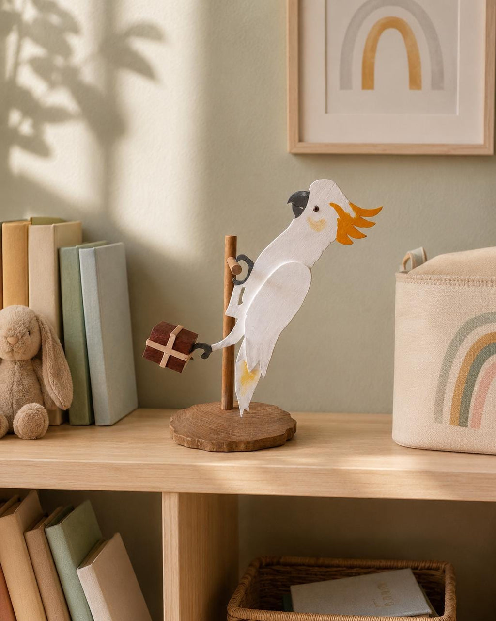 Cockatoo Sculpture – Handmade Wooden Tropical Bird Figurine with Parcel Detail