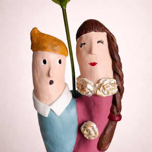 Couple Sculpture Vase – Handmade Air Dry Clay Figurine with Rose Detail