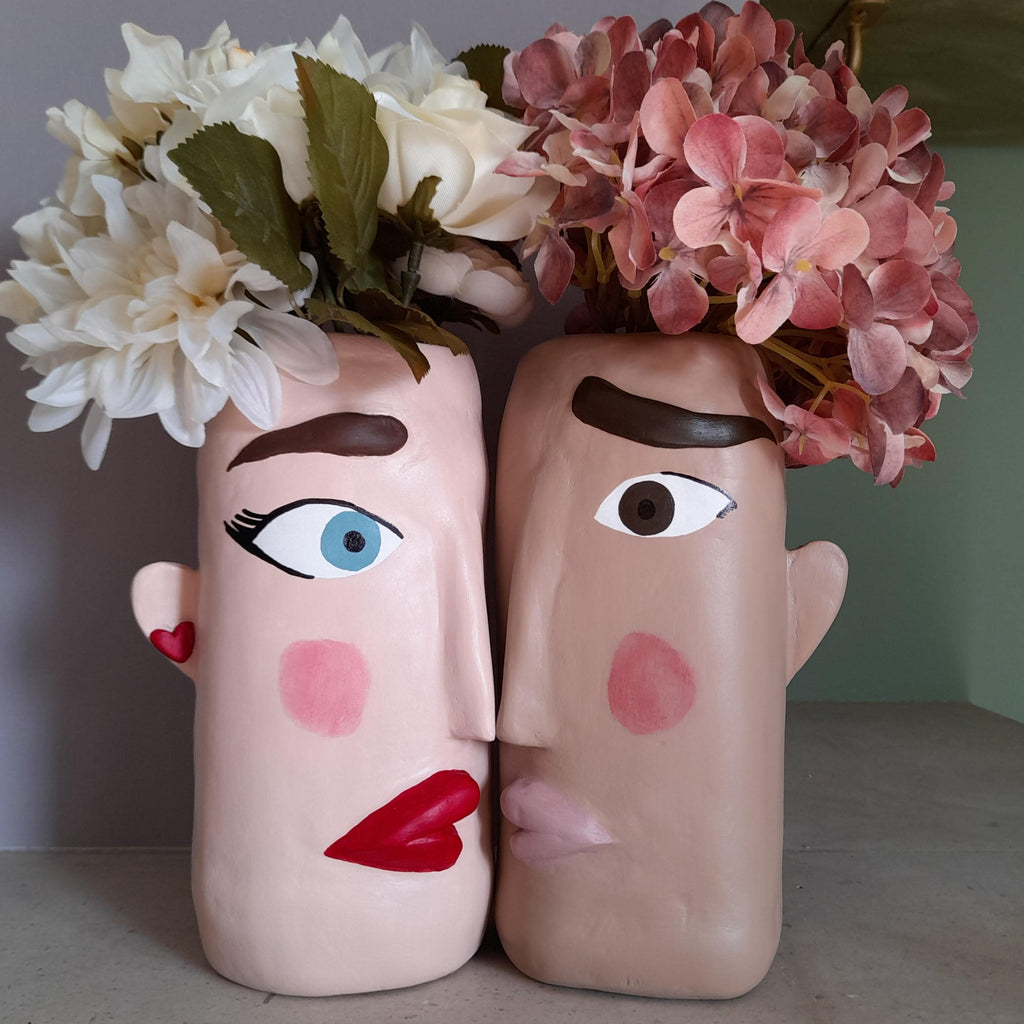 Couple Face Vase Set – Handmade Air Dry Clay His & Hers Sculptural Vases