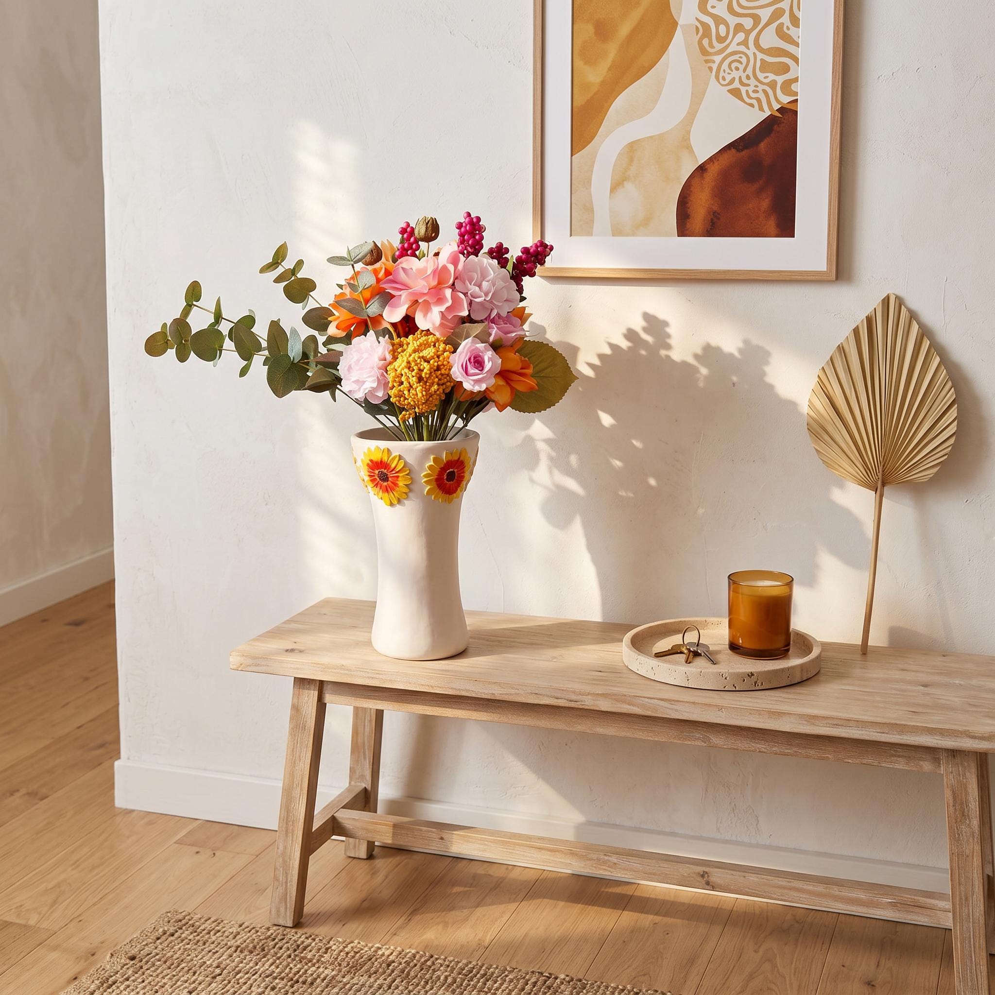 Gerbera Vase – Handmade Air Dry Clay Sculpture with Yellow Floral Relief