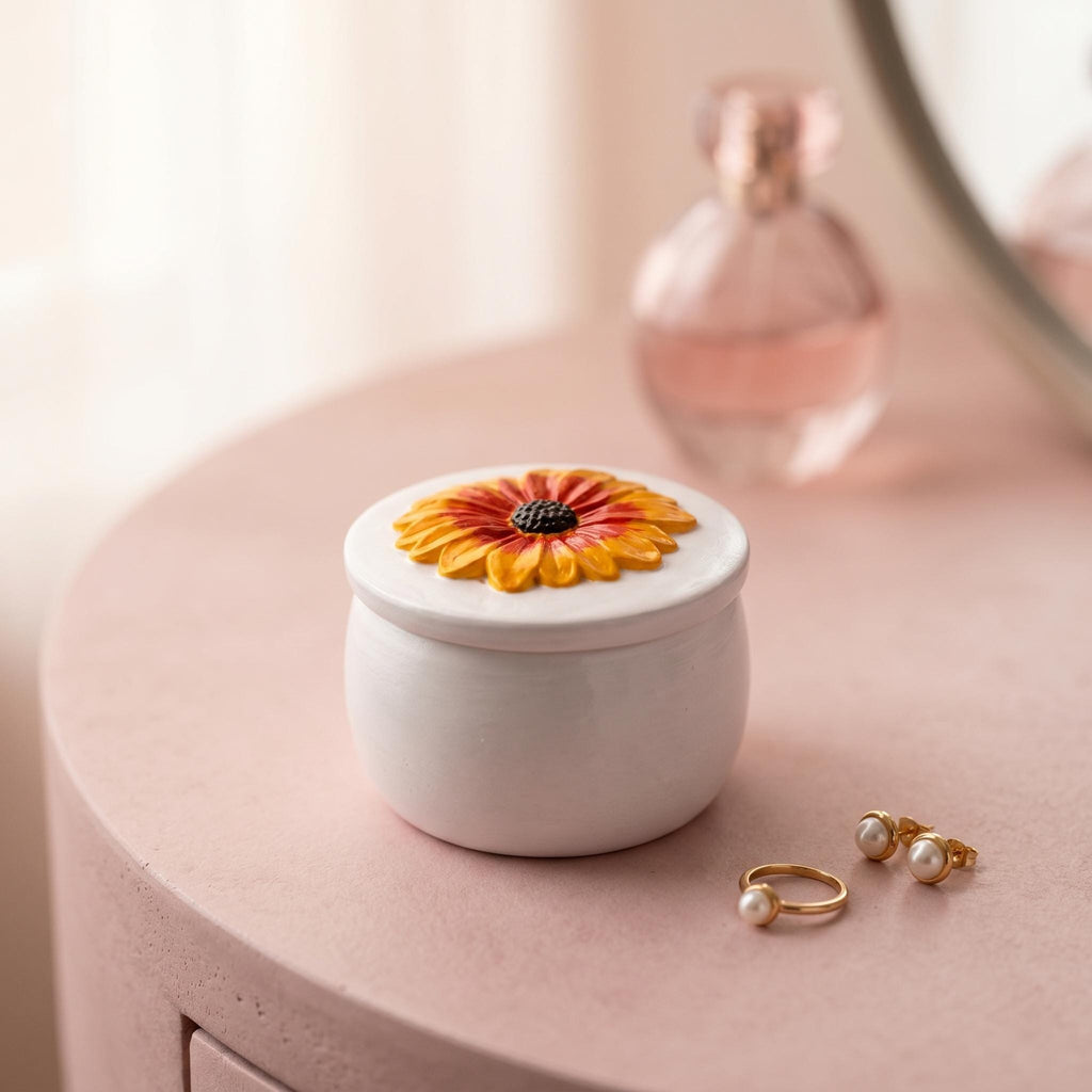 Gerbera-Schmuckkästchen – Handgefertigte Dose aus lufthärtendem Ton mit geformtem Blumendeckel
