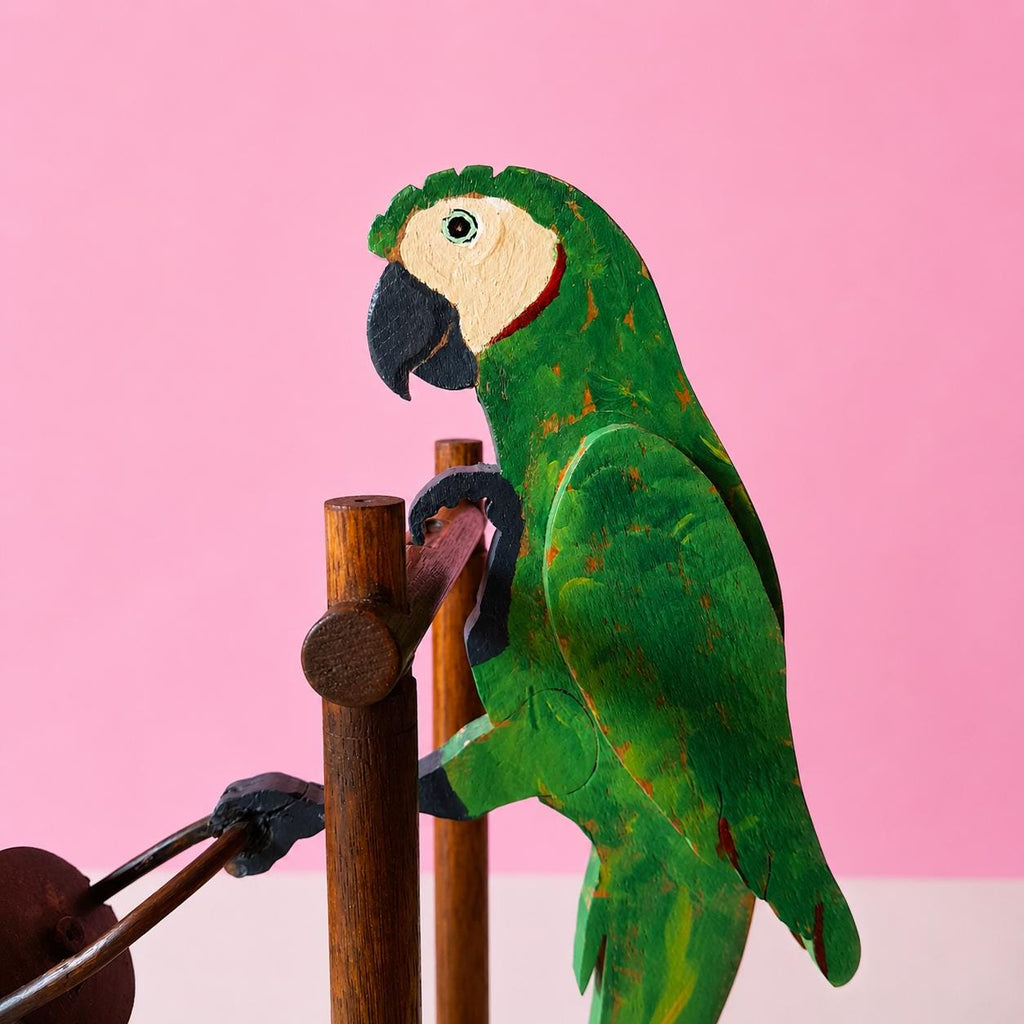 Handpainted Wooden Parrot Sculpture – Balancing Bird with Swinging Barrel