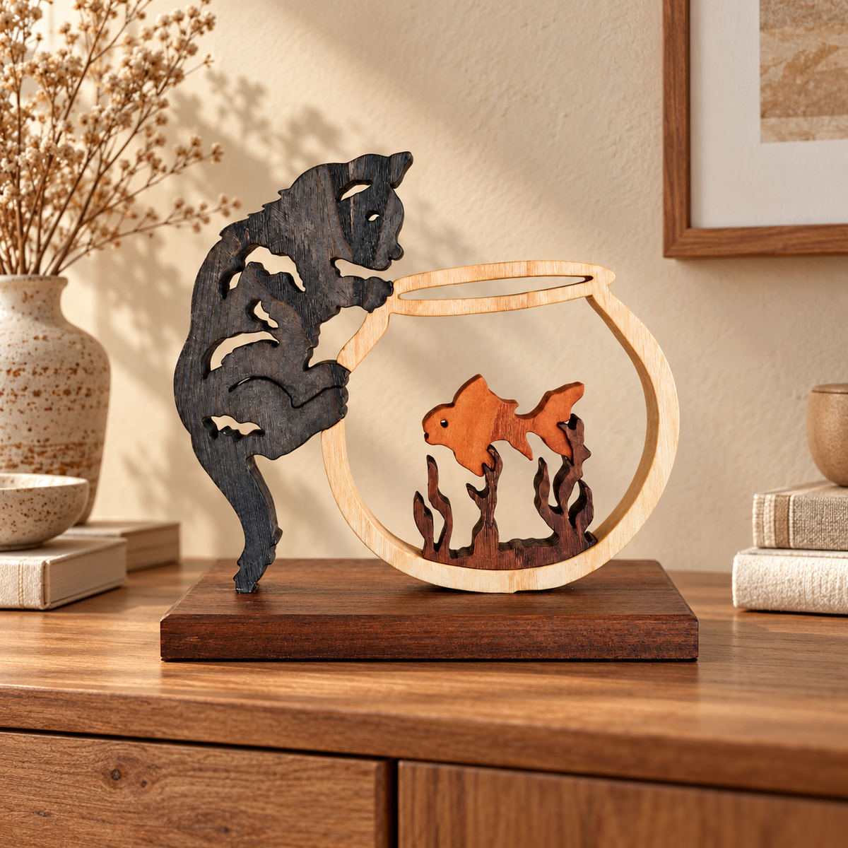 Feline Curiosity – Handmade Wooden Cat and Fish Sculpture