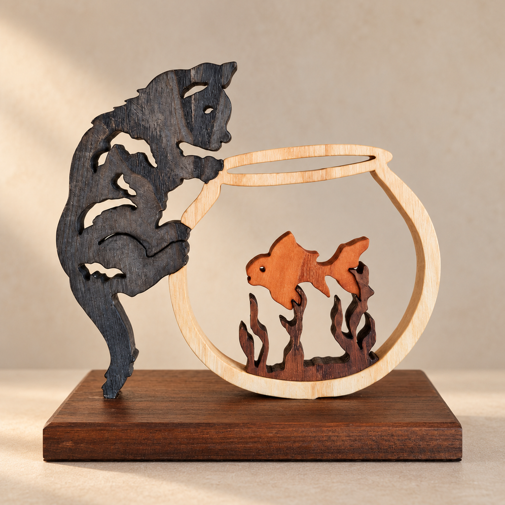 Feline Curiosity – Handmade Wooden Cat and Fish Sculpture