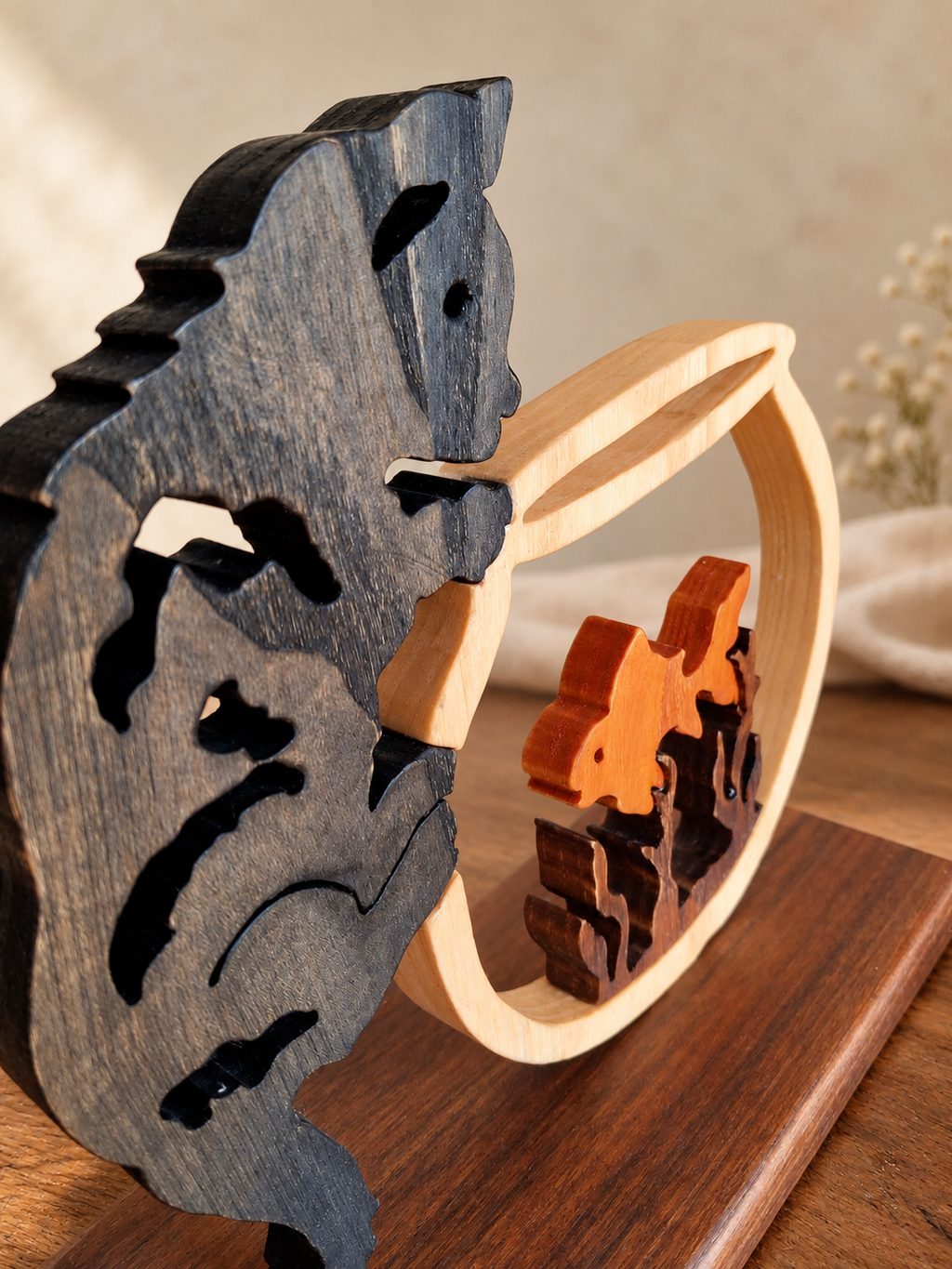 Feline Curiosity – Handmade Wooden Cat and Fish Sculpture
