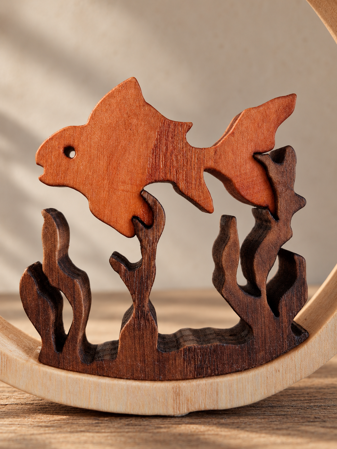 Feline Curiosity – Handmade Wooden Cat and Fish Sculpture