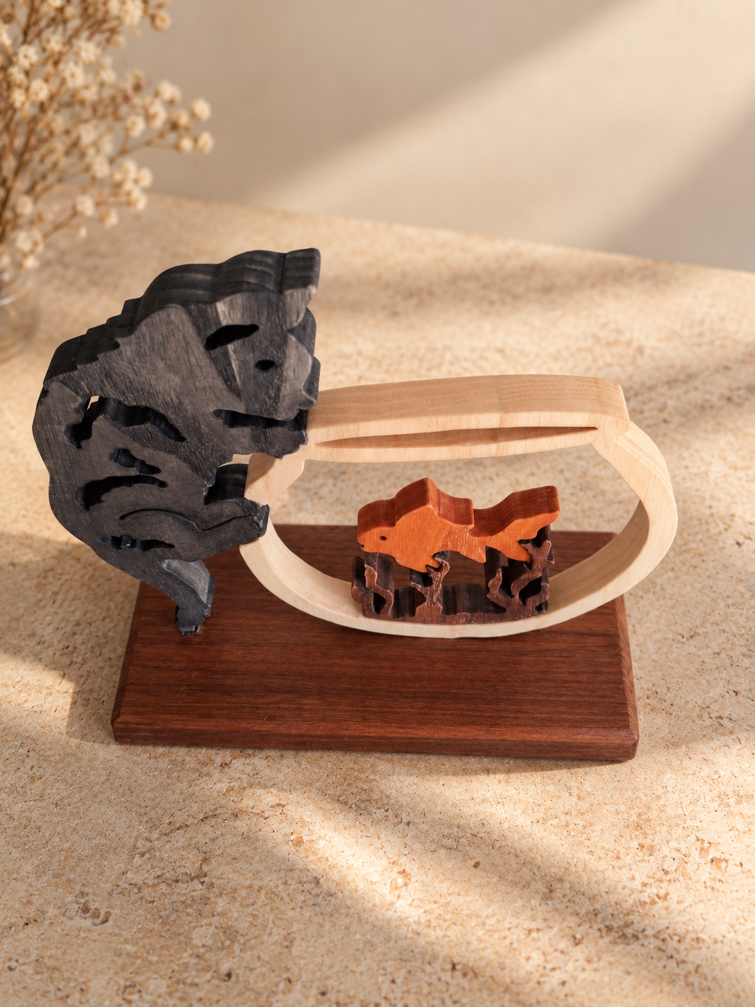 Feline Curiosity – Handmade Wooden Cat and Fish Sculpture