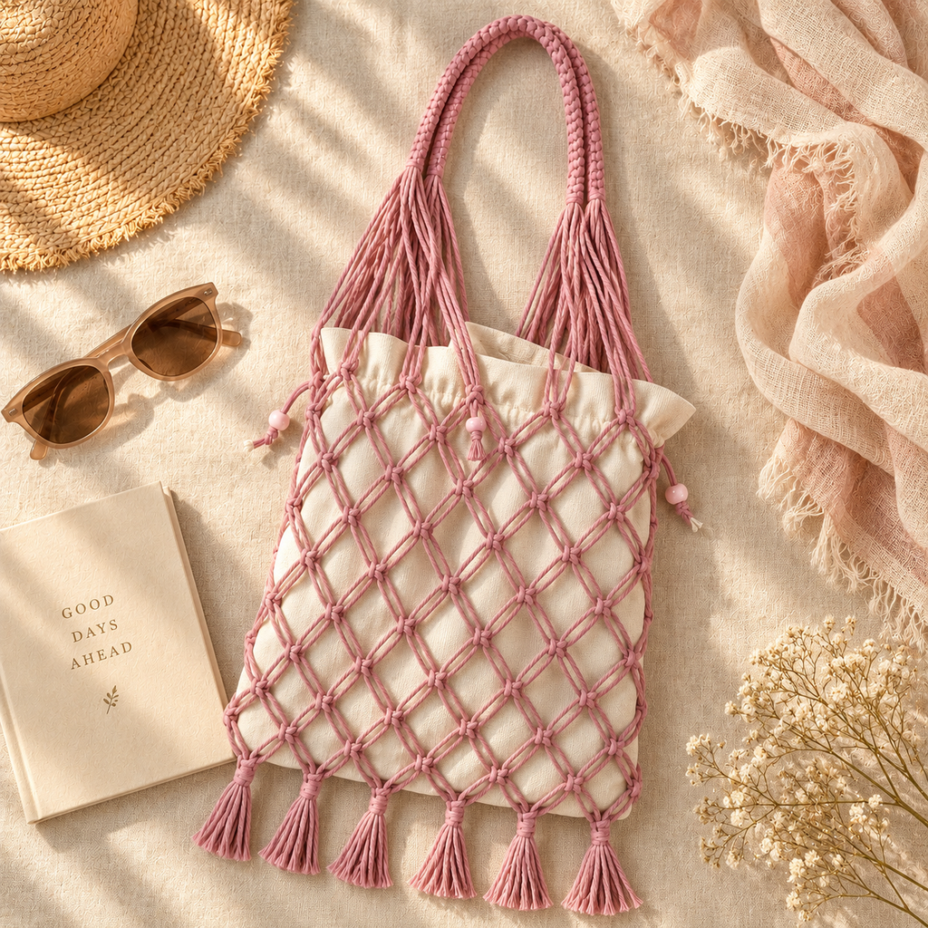 Open Weave Macrame Shoulder Bag, Handmade Cotton Tote