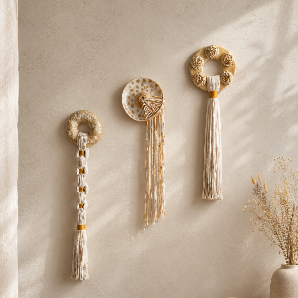 Boho Wall Hanging Handmade Air Dry Clay and Cotton, Choose One or Full Set – One of a Kind Neutral Fiber Wall Art