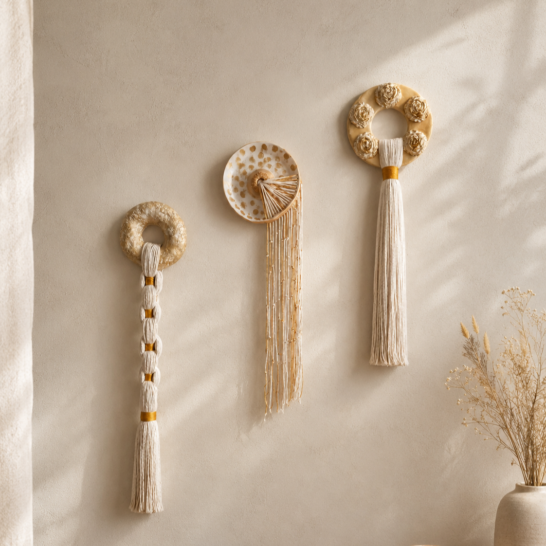 Boho Wall Hanging Handmade Air Dry Clay and Cotton, Choose One or Full Set – One of a Kind Neutral Fiber Wall Art