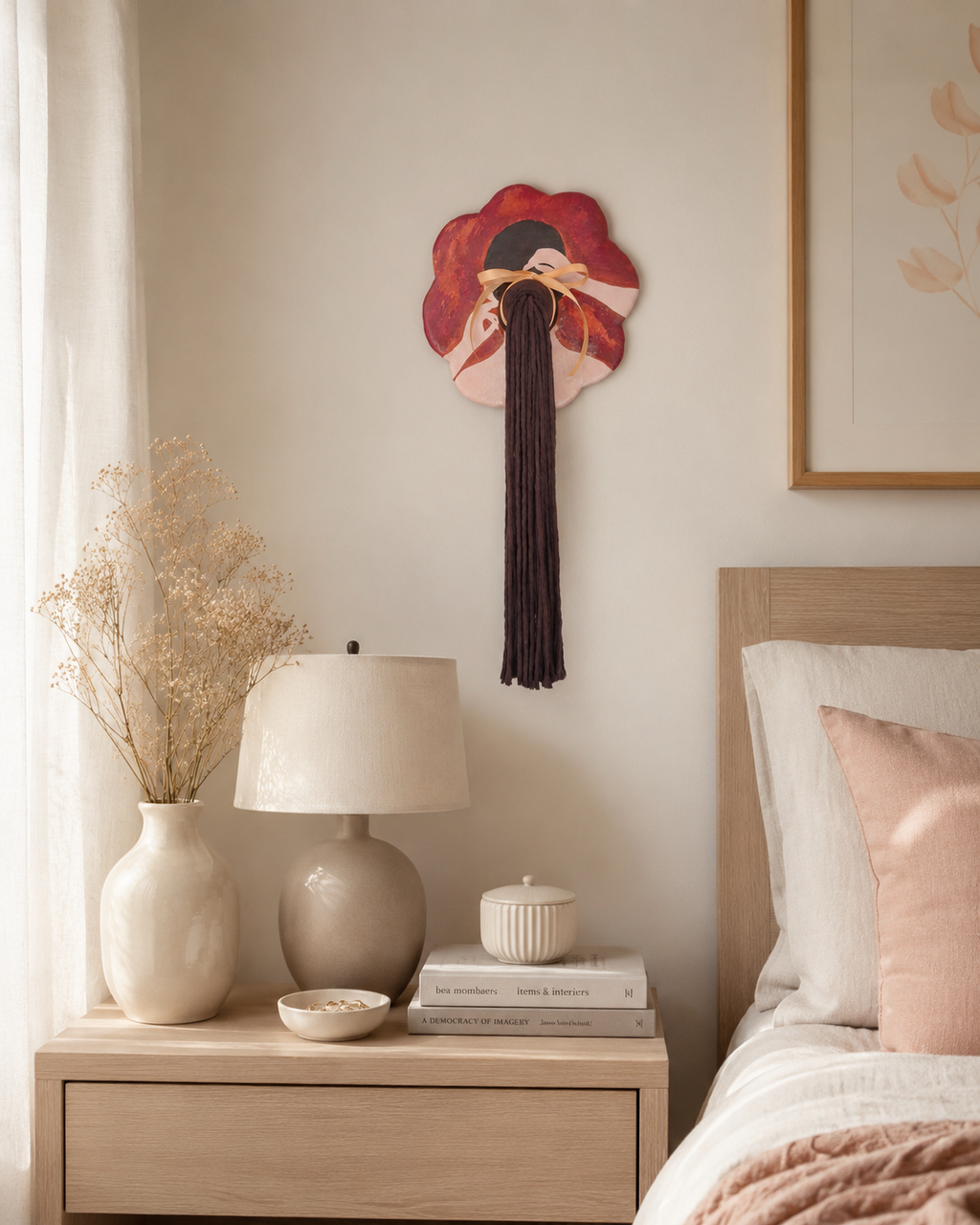 Blumenfrau-Wandbehang aus Keramik mit Baumwollhaar