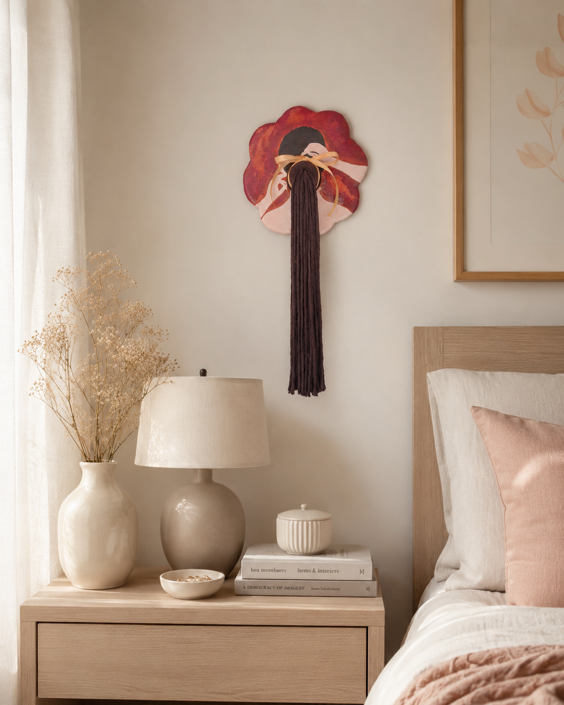 Flower Woman Ceramic Wall Hanging with Cotton Hair