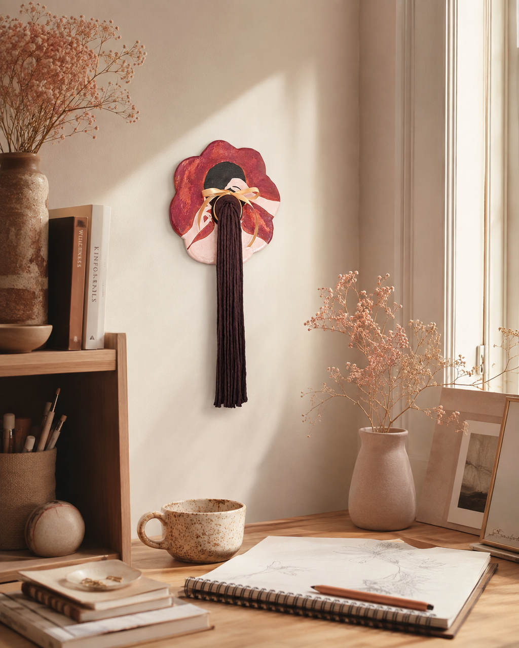 Blumenfrau-Wandbehang aus Keramik mit Baumwollhaar