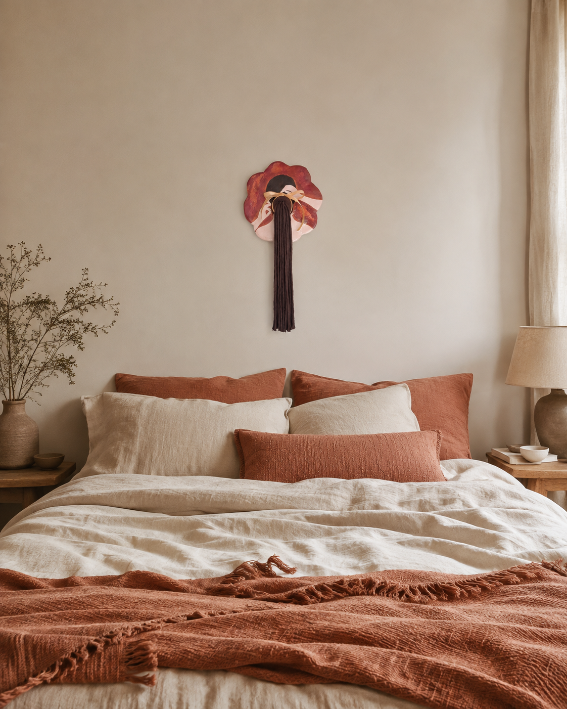Blumenfrau-Wandbehang aus Keramik mit Baumwollhaar