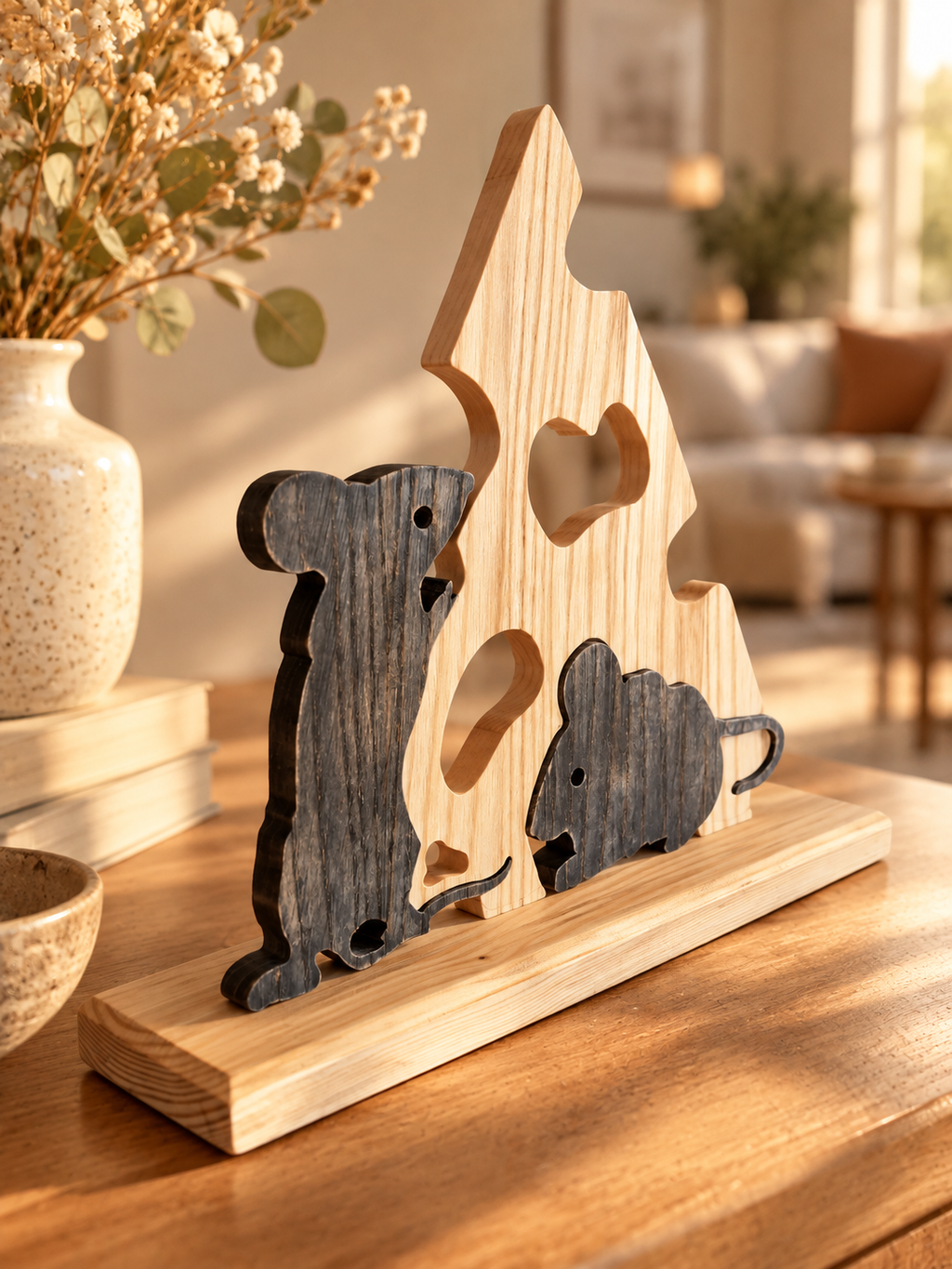 Holzskulptur „Käsediebe“, Maus- und Käse-Deko