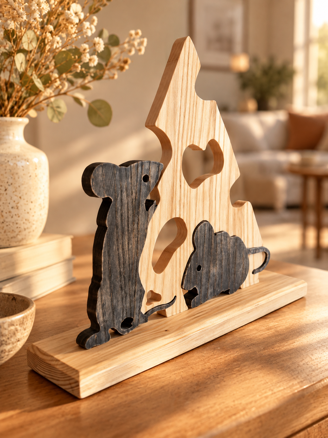 Cheese Thieves Wooden Sculpture, Mouse and Cheese Decor