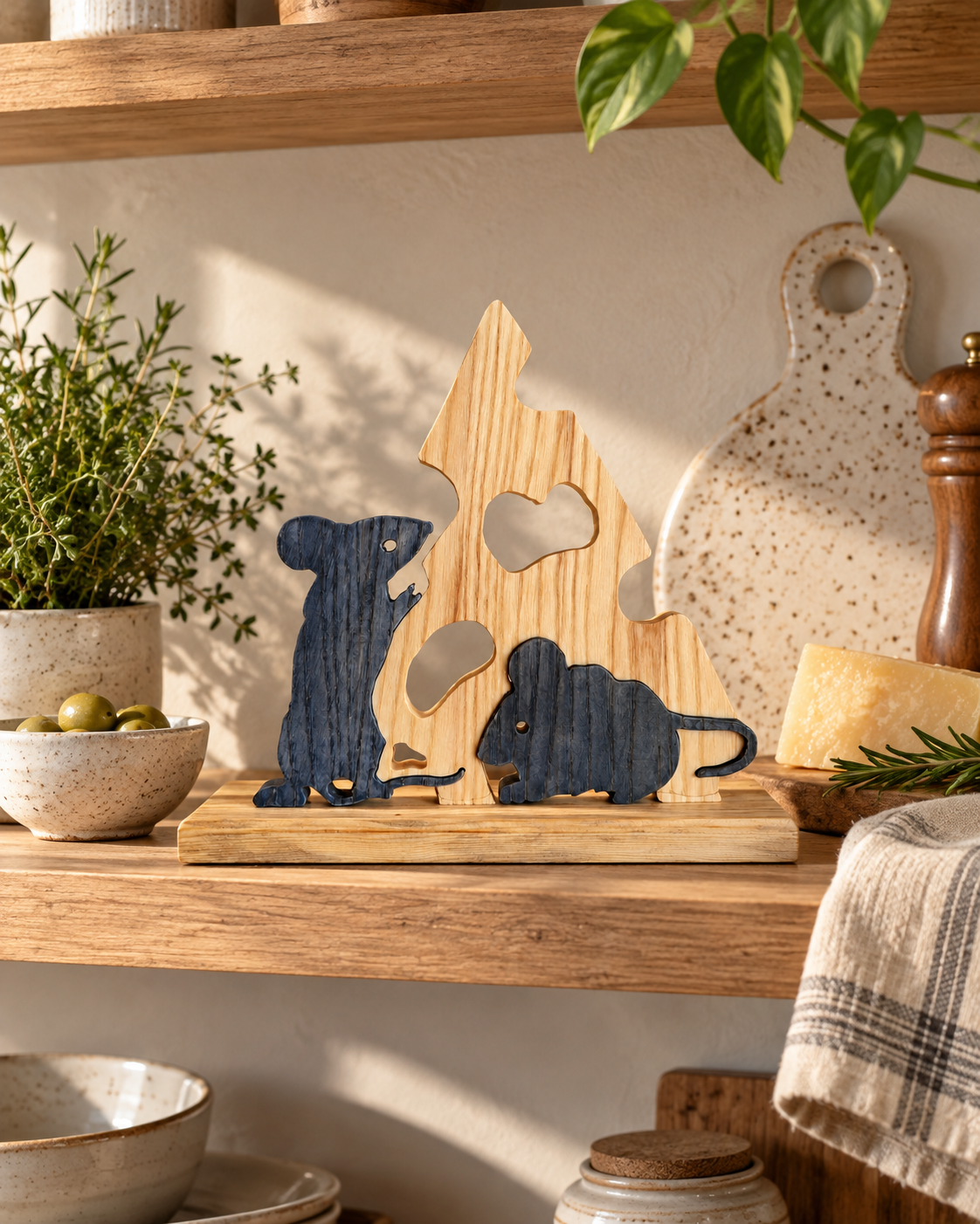 Cheese Thieves Wooden Sculpture, Mouse and Cheese Decor