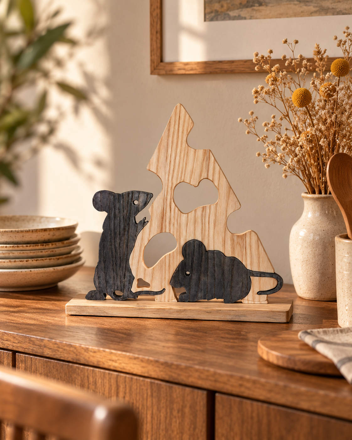 Holzskulptur „Käsediebe“, Maus- und Käse-Deko